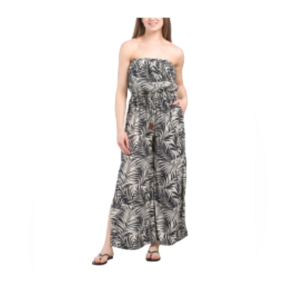 Tropical Strapless Silky Crepe Jumpsuit w/ Pockets by True Destination XL NWT